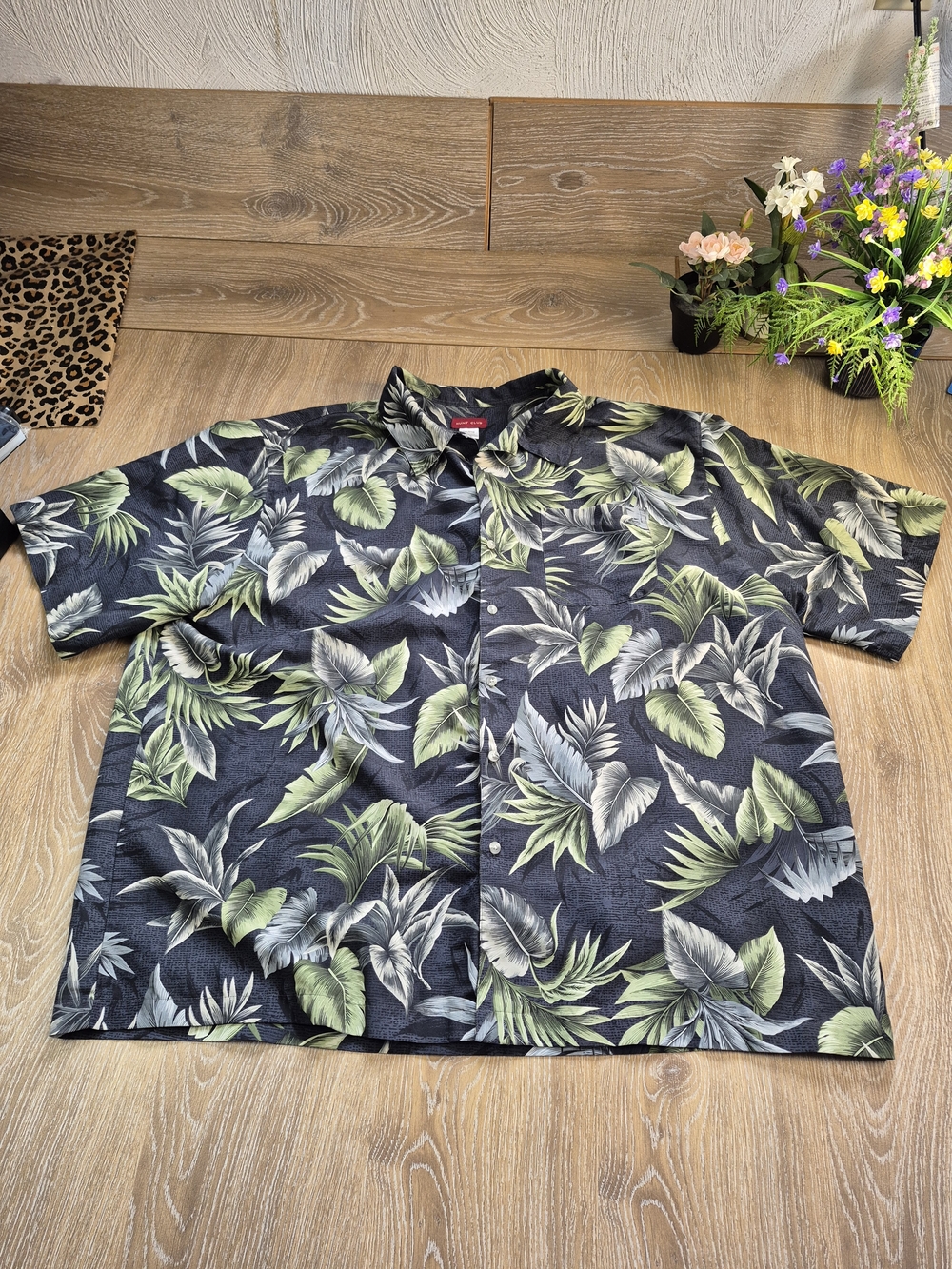 Hunt Club 3X Casual Men's Black Hawaiian Button-Down Shirt Tropical Vacation